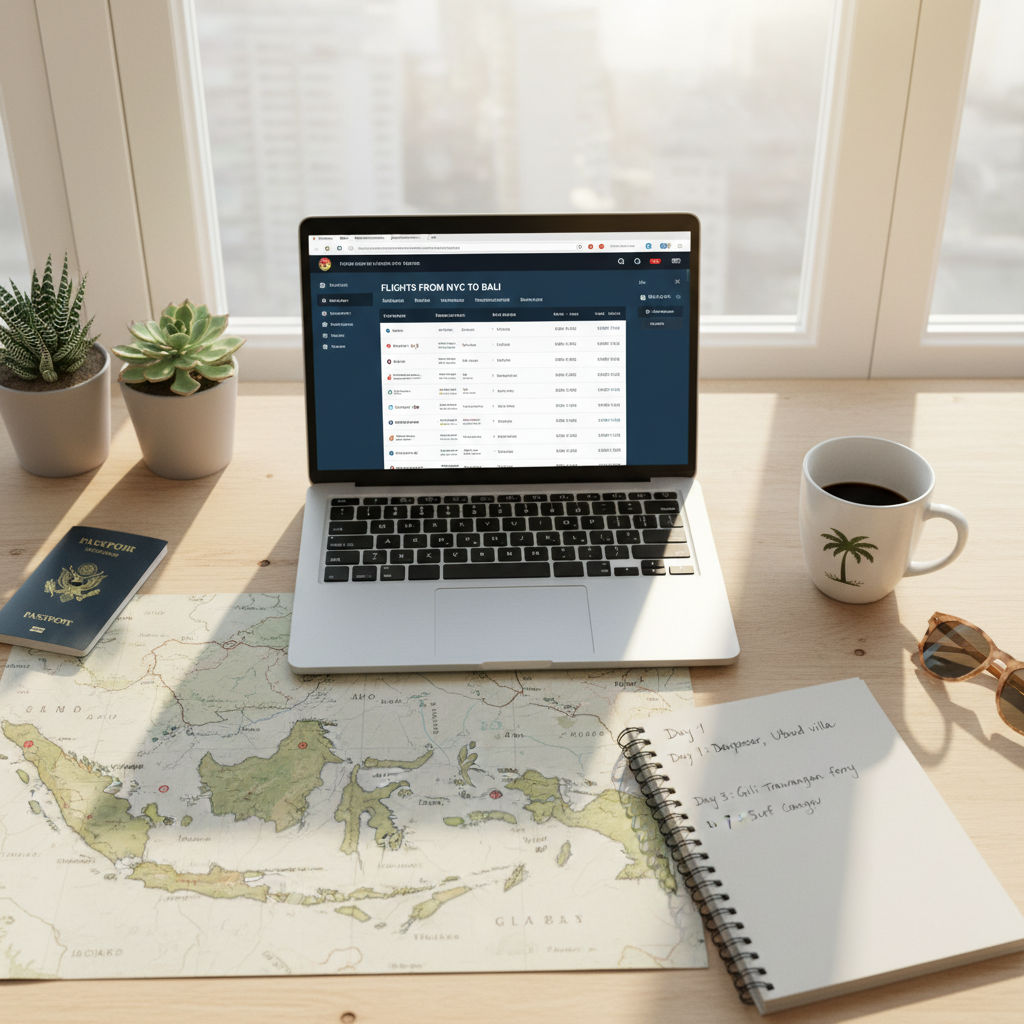 Tropical island travel planning with map, laptop, and flight search on desk