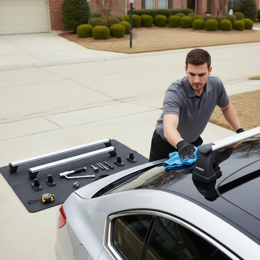 Preparing car roof for roof rack install: cleaning roof and laying out crossbars and tools