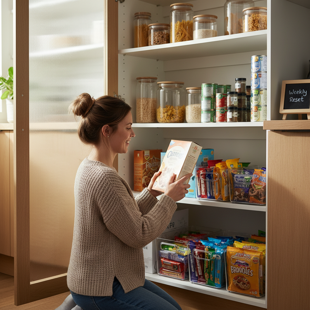 Weekly pantry reset routine with quick restock and label check