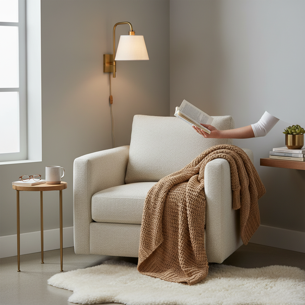 Cozy reading nook lighting in a small bedroom with plug-in wall sconce