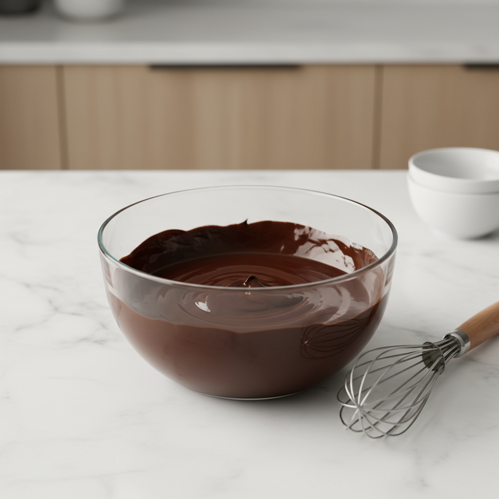 Bowl of melted chocolate with whisk on kitchen counter