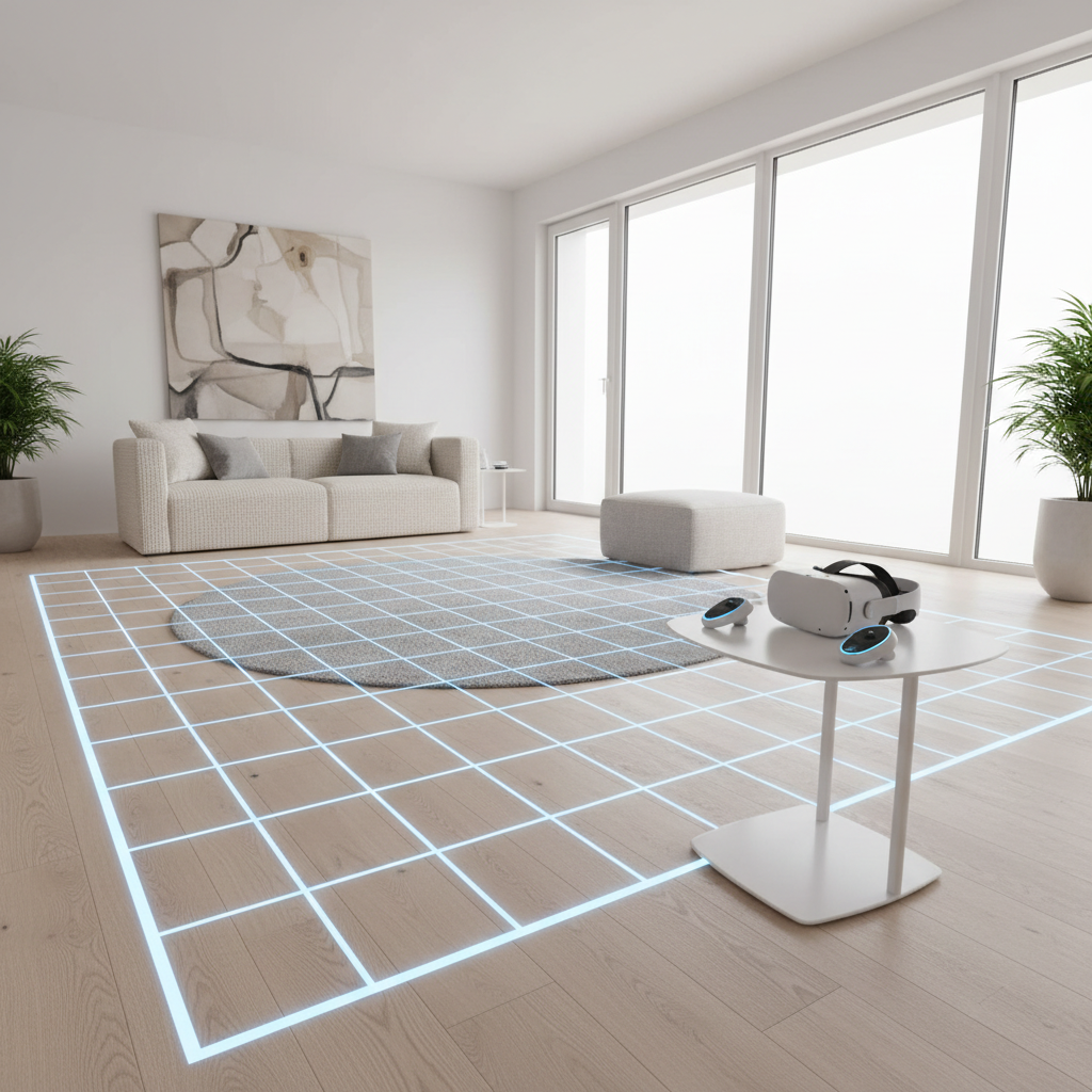 Safe VR setup for therapy-style sessions with clear play area and boundary