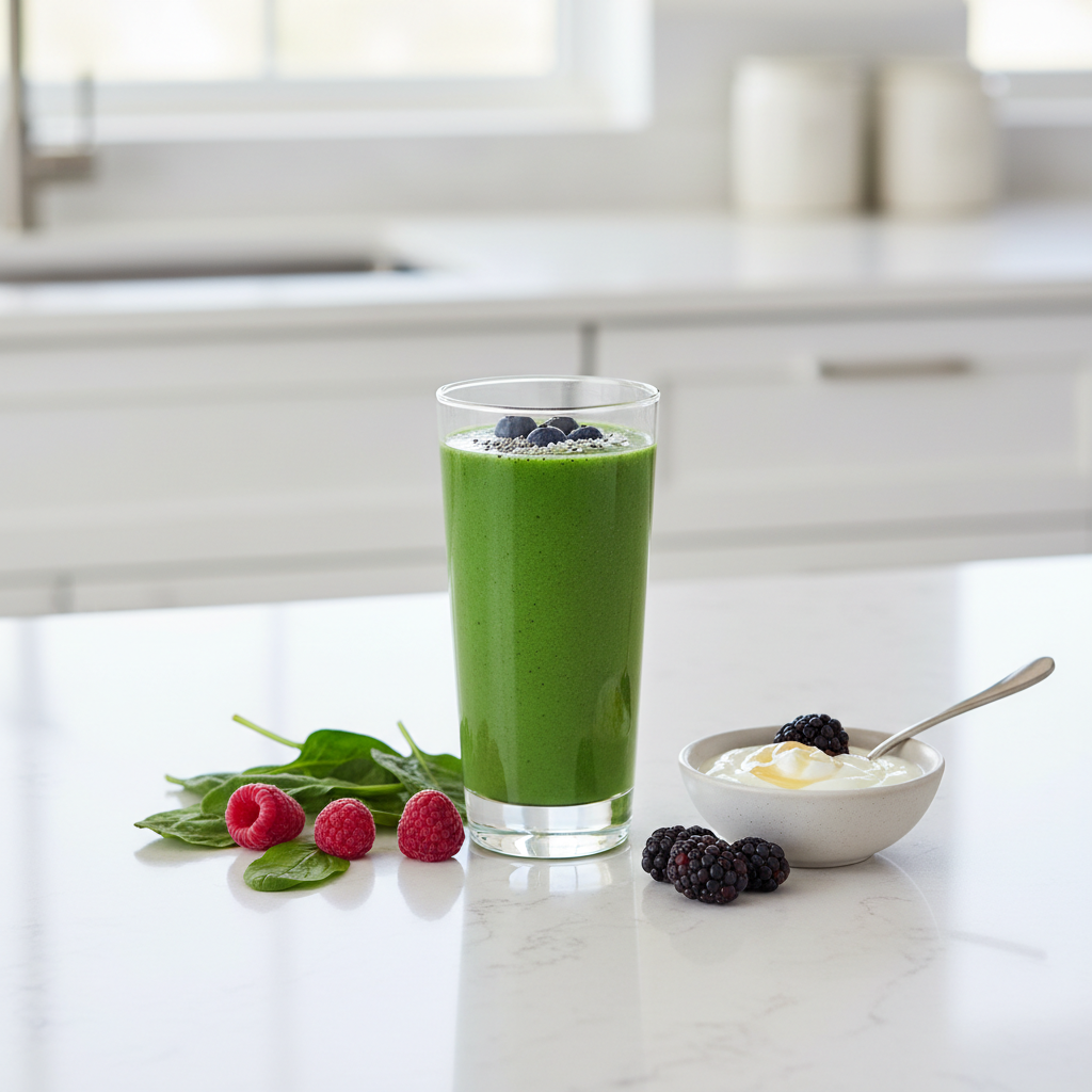 Glass of green smoothie for weight loss on a bright kitchen table with ingredients nearby
