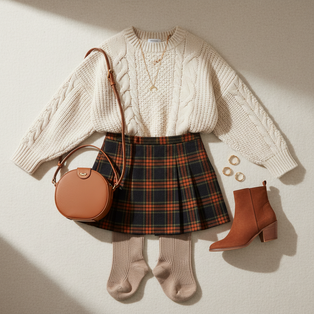 Cozy cute fall outfit with sweater, skirt, boots, and warm neutrals