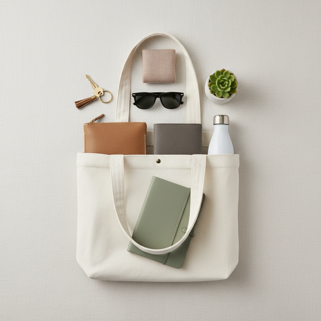 Organized tote bag flat lay with pouch, wallet, sunglasses, and water bottle