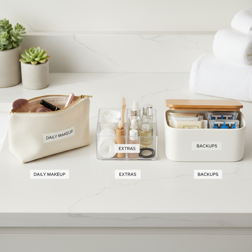 Makeup zones in a small bathroom: daily kit, extras drawer, and backup bin
