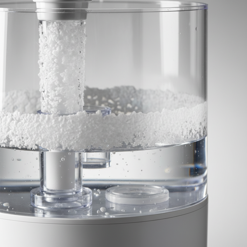 Close-up of mineral scale buildup inside a humidifier tank and base