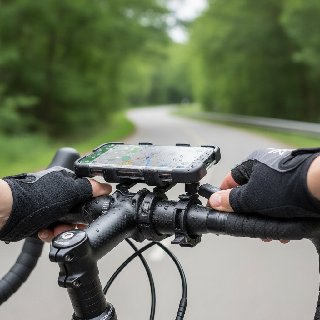 Cyclist installing a waterproof phone mount and adjusting viewing angle