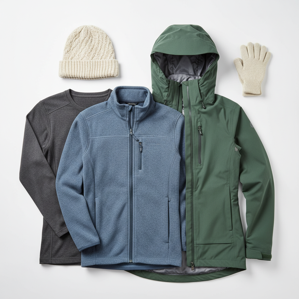 Winter layering system with base, mid, and shell layers for travel