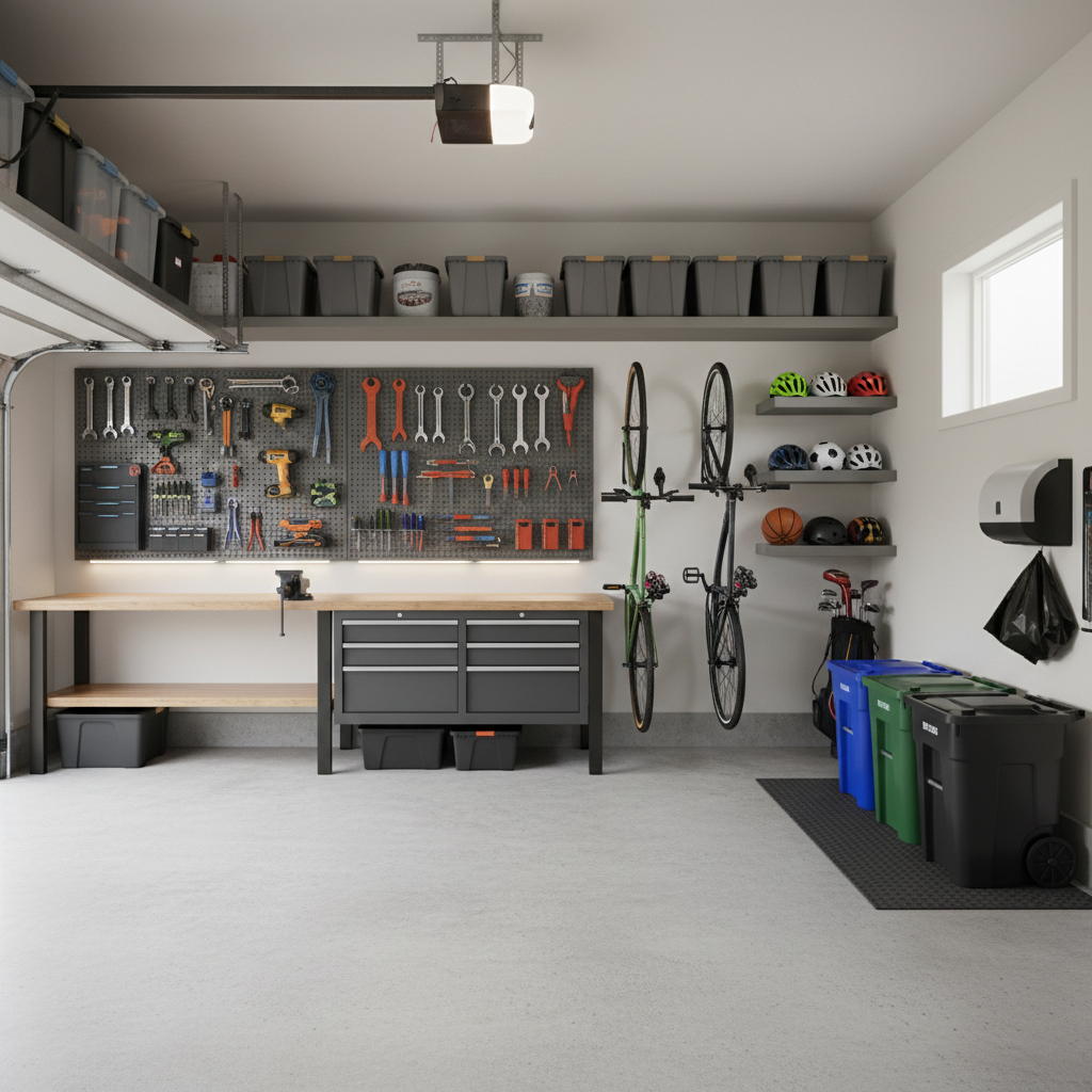 Small garage before-and-after layout with clear storage zones and wall storage