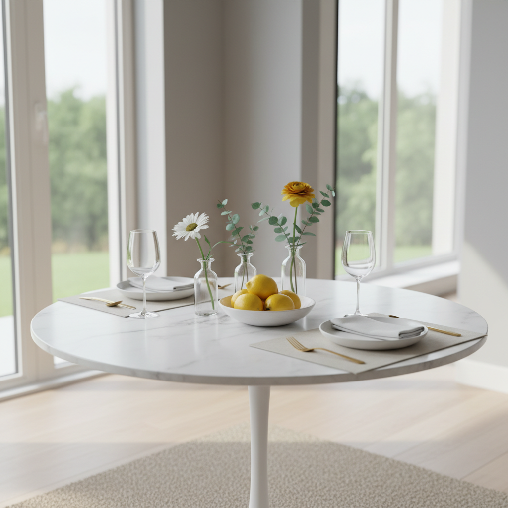 Low summer centerpiece idea for a small table using bud vases and citrus