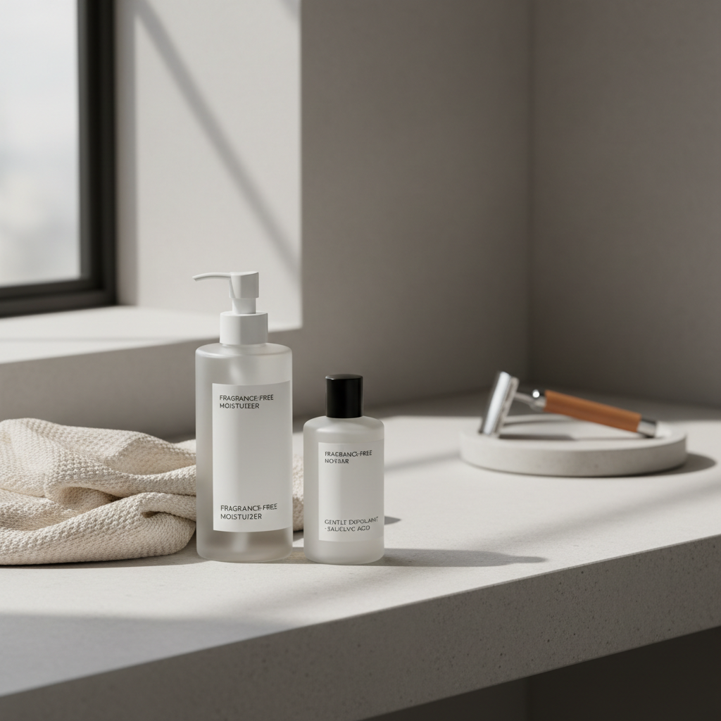 After-shave skincare routine for legs with fragrance-free moisturizer and gentle exfoliant on vanity