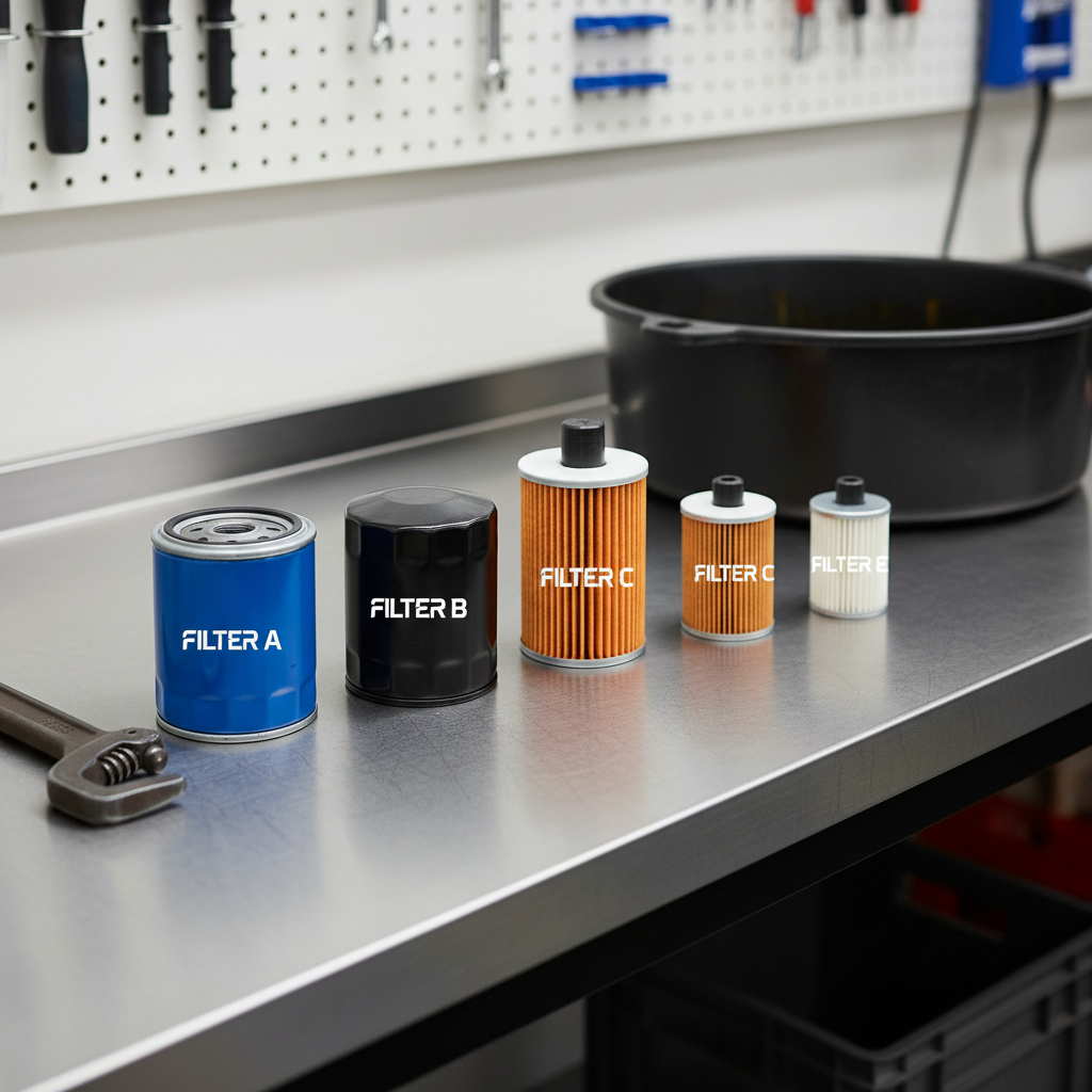 Comparison lineup of popular high mileage oil filters on a workbench