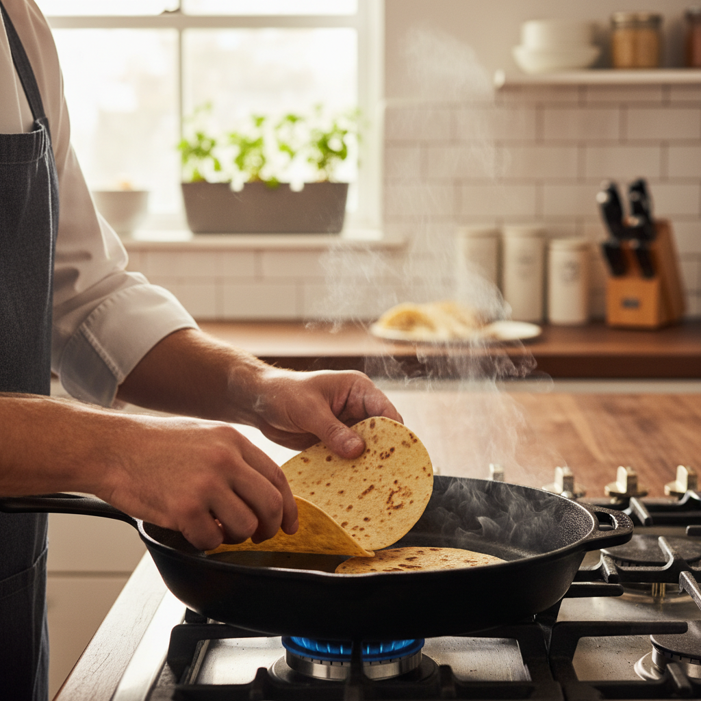 Warming tortillas in a skillet for Taco Tuesday