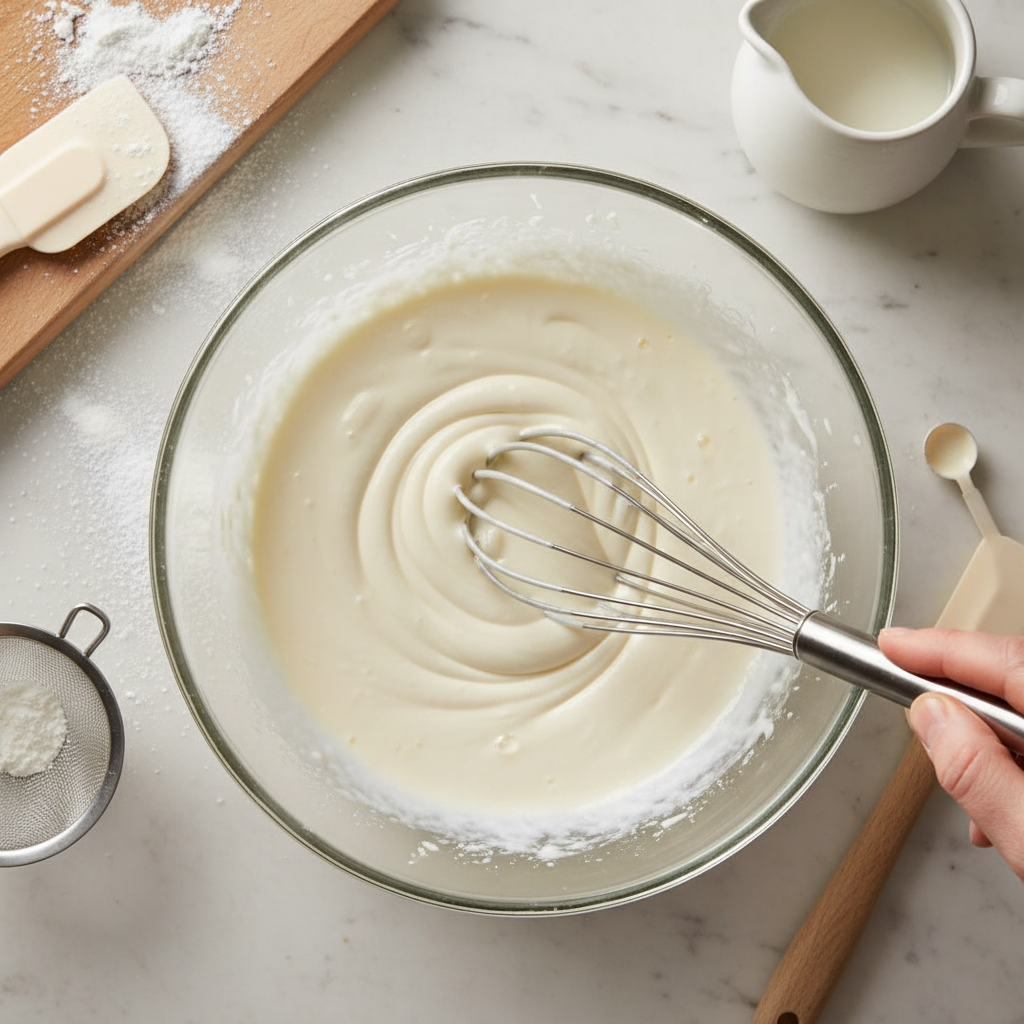 Simple sugar icing being whisked in a mixing bowl for cake