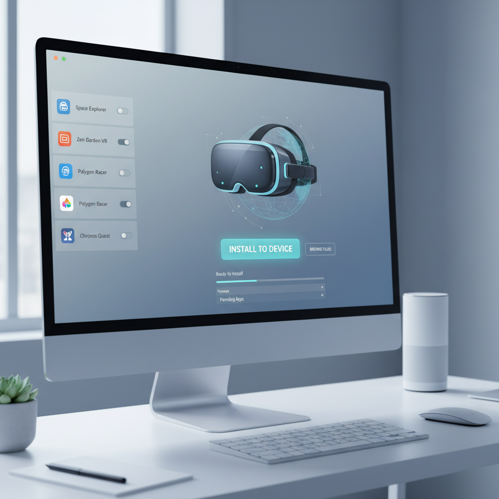 SideQuest-style sideloading workflow on a computer with app list and install button