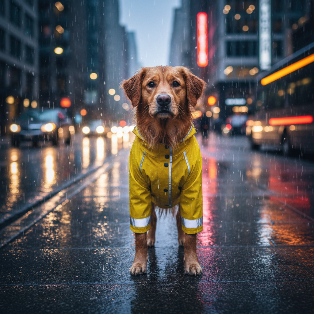 Reflective dog rain jacket visible in car headlights on a rainy sidewalk
