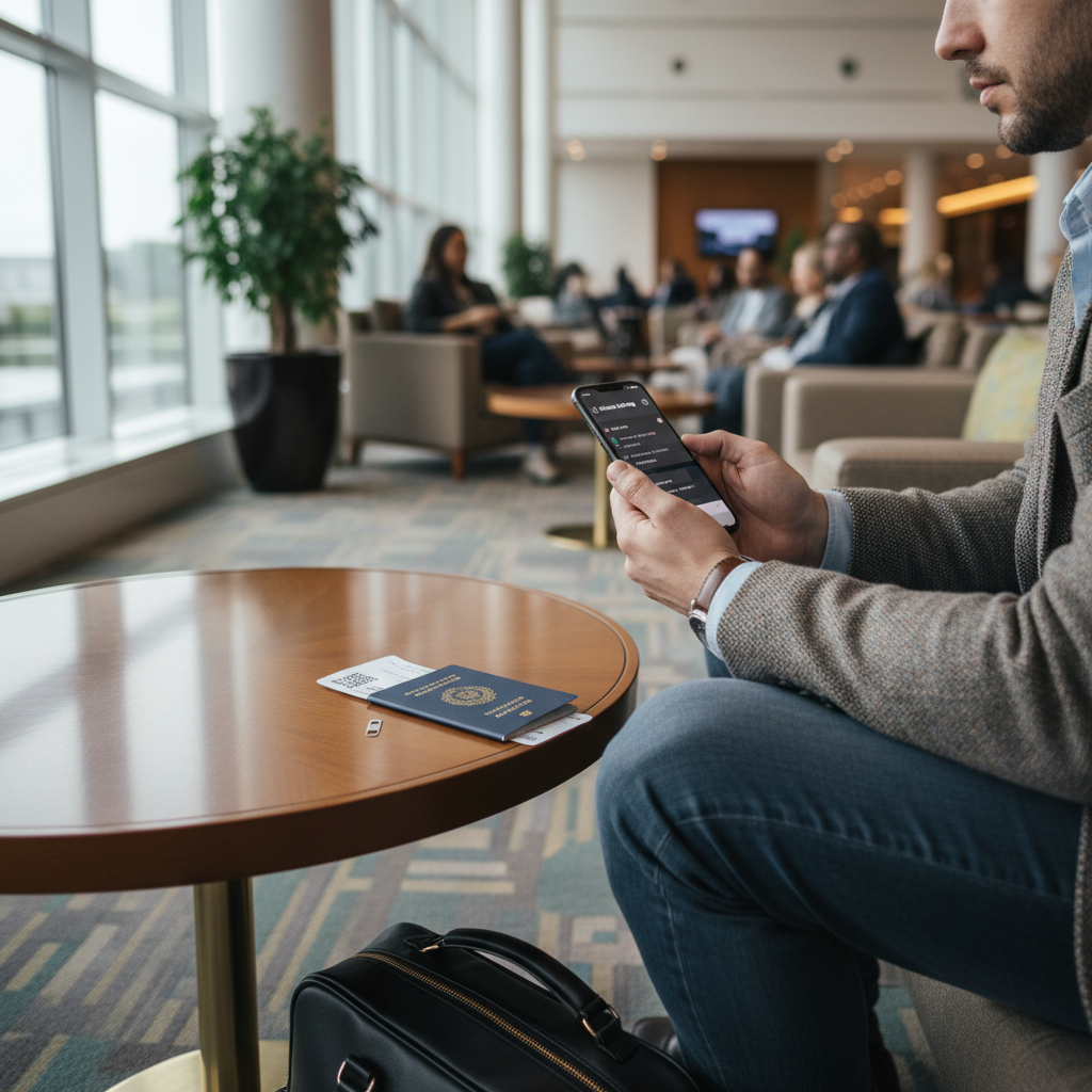 Traveler activating a SIM card at an airport with phone settings open