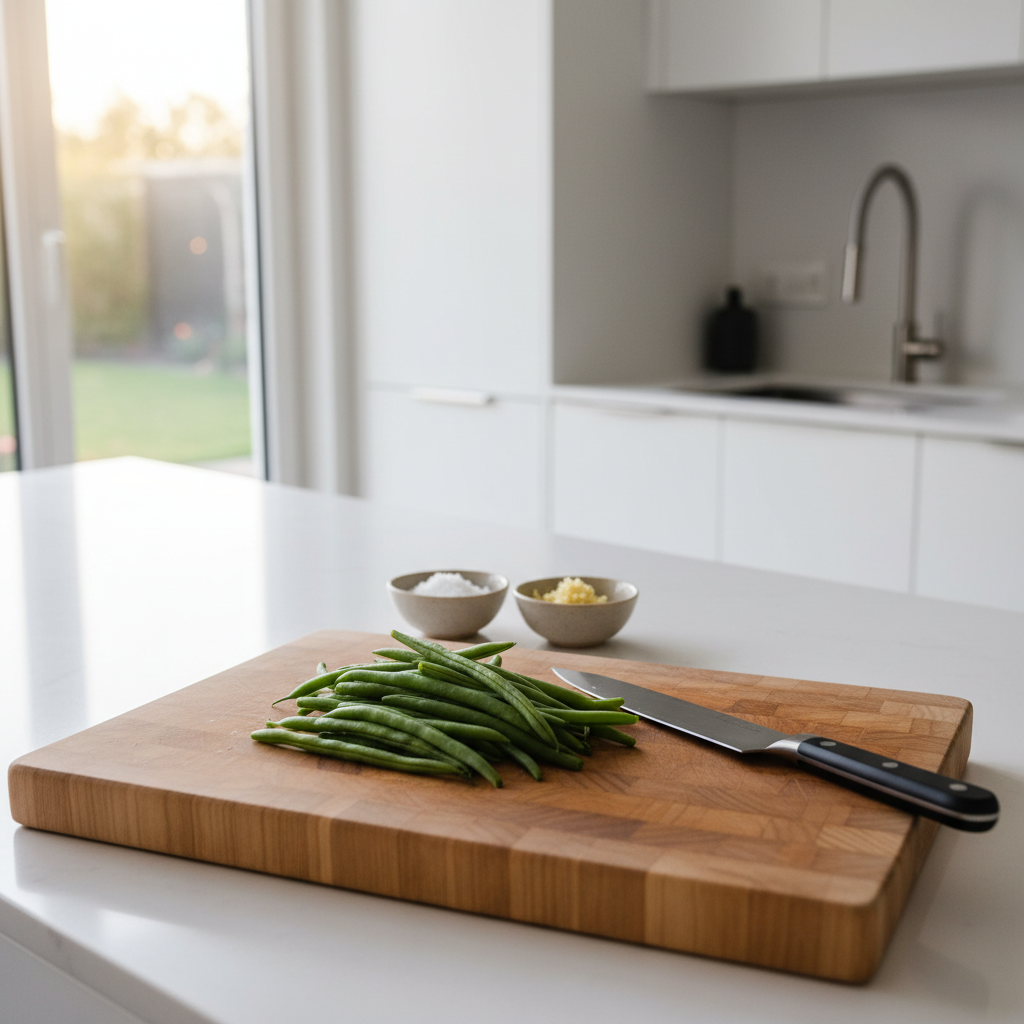 Fresh green beans on a cutting board trimmed and ready to cook