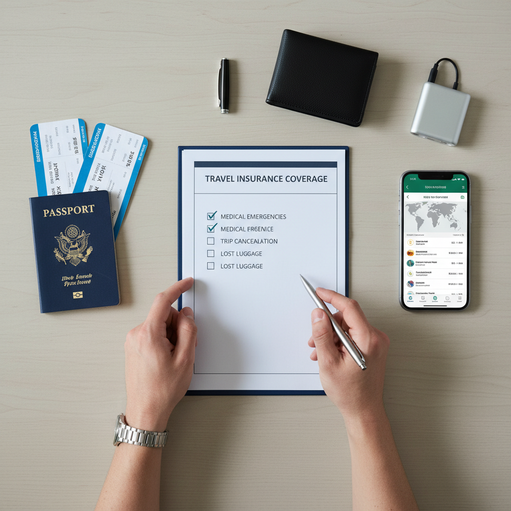 International traveler reviewing coverage checklist and passport documents