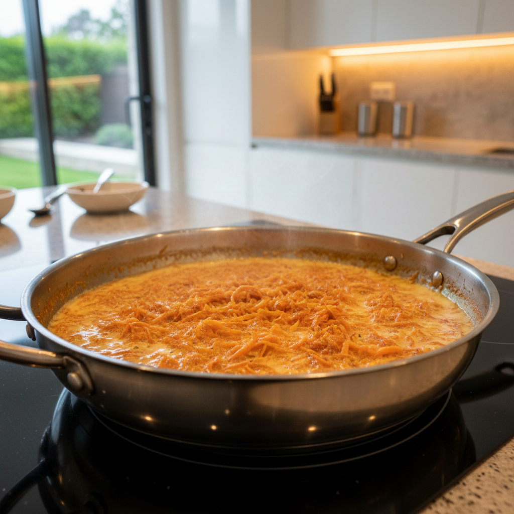 Warm gajar ka halwa in a pan with grated carrots and milk reducing