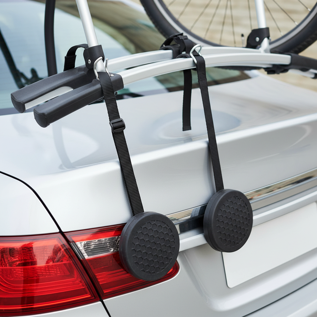 Close-up of trunk strap bike rack hooks and straps correctly routed