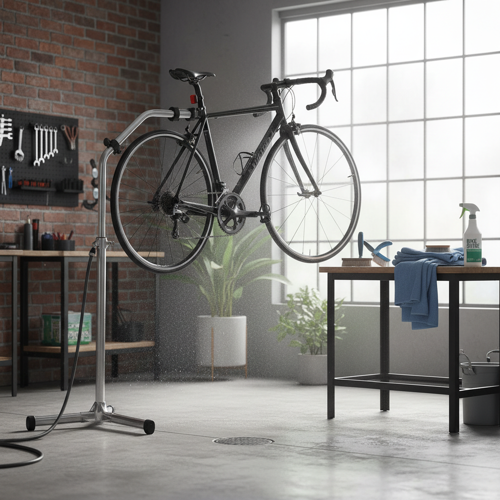 Bike wash setup with gentle hose, brushes, and bike cleaner spray for dirt removal