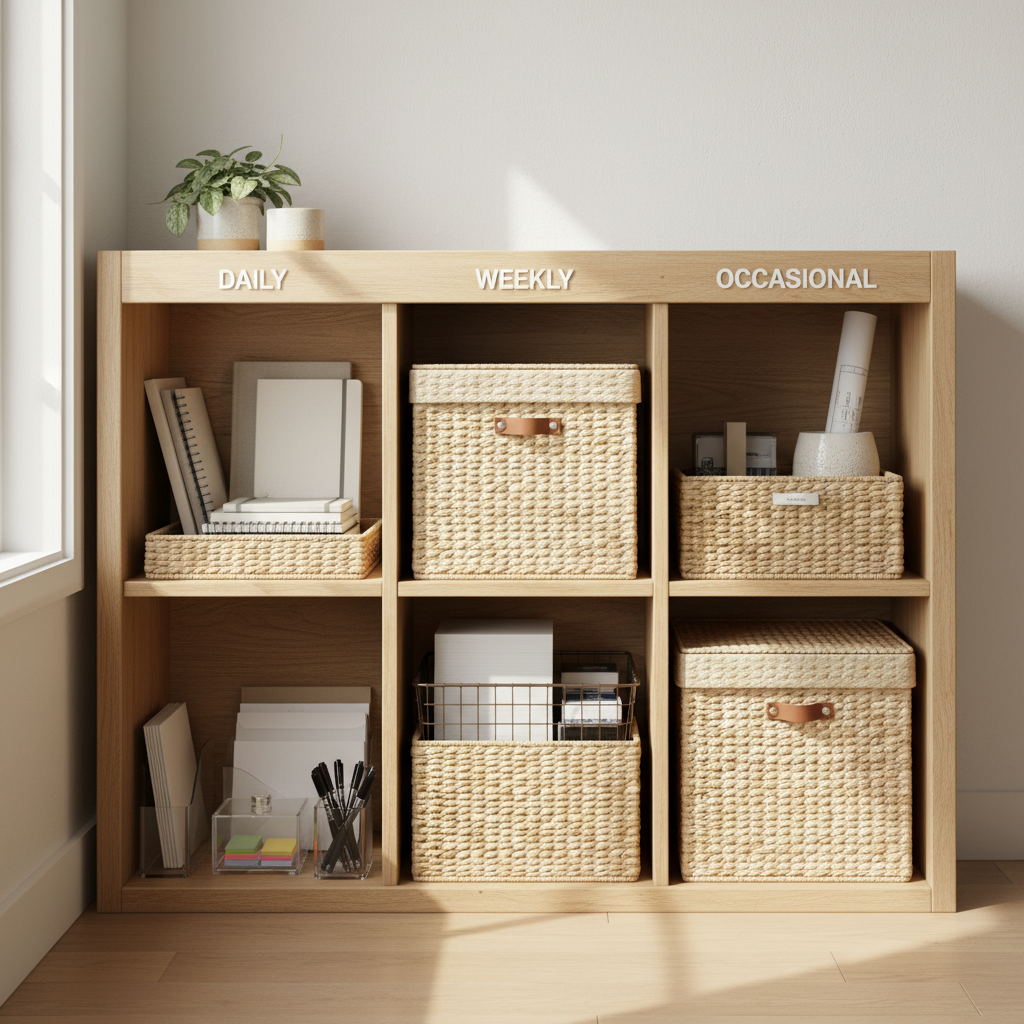 Labeled storage zones for home office supplies on shelves and in bins