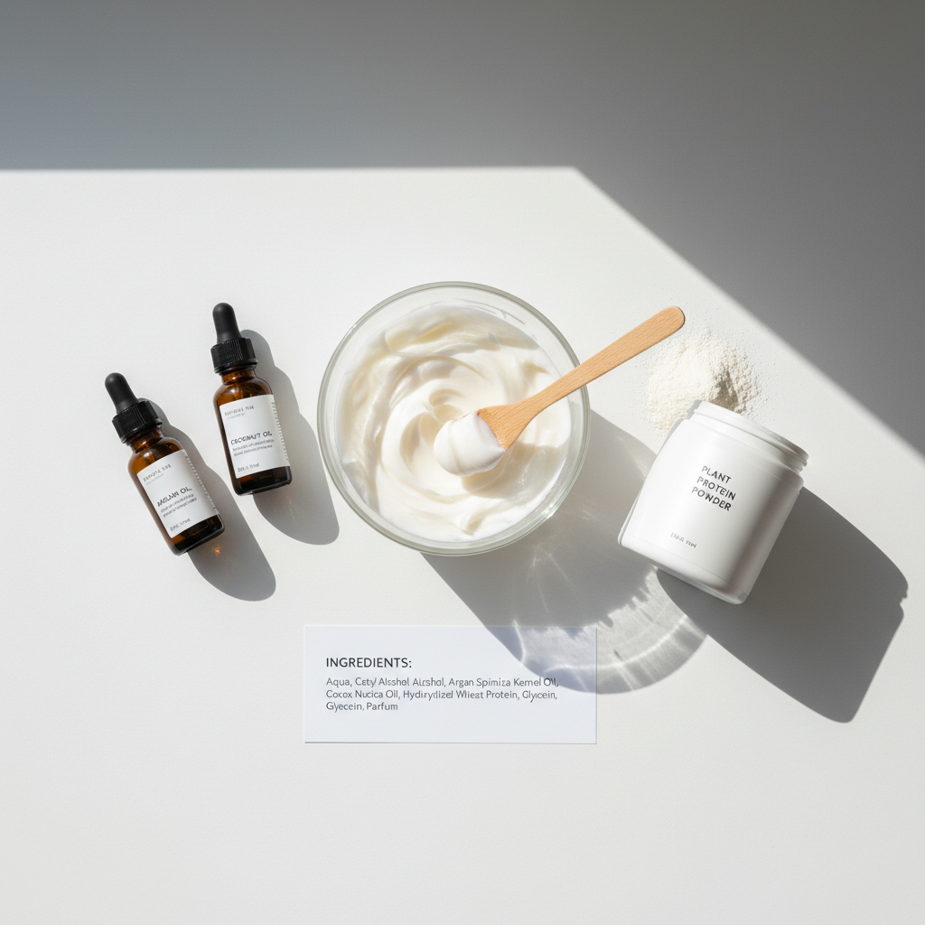 Hair mask ingredient texture flat lay with oils proteins and cream in lab-like setup