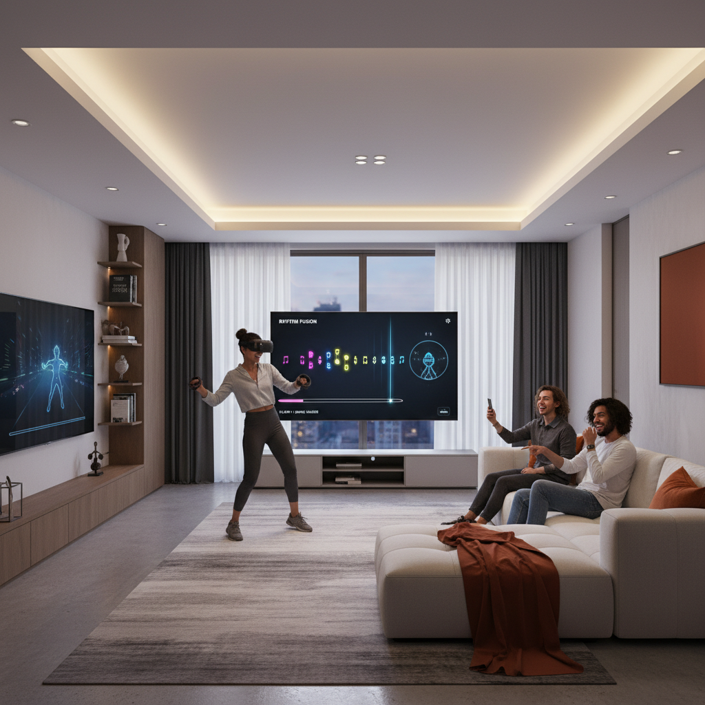 Comparison view of popular VR rhythm and dance games on a TV with people watching