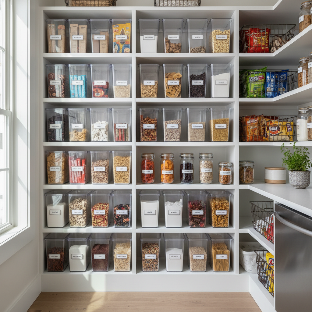 Organized pantry shelves with clear stackable storage bins and labeled categories