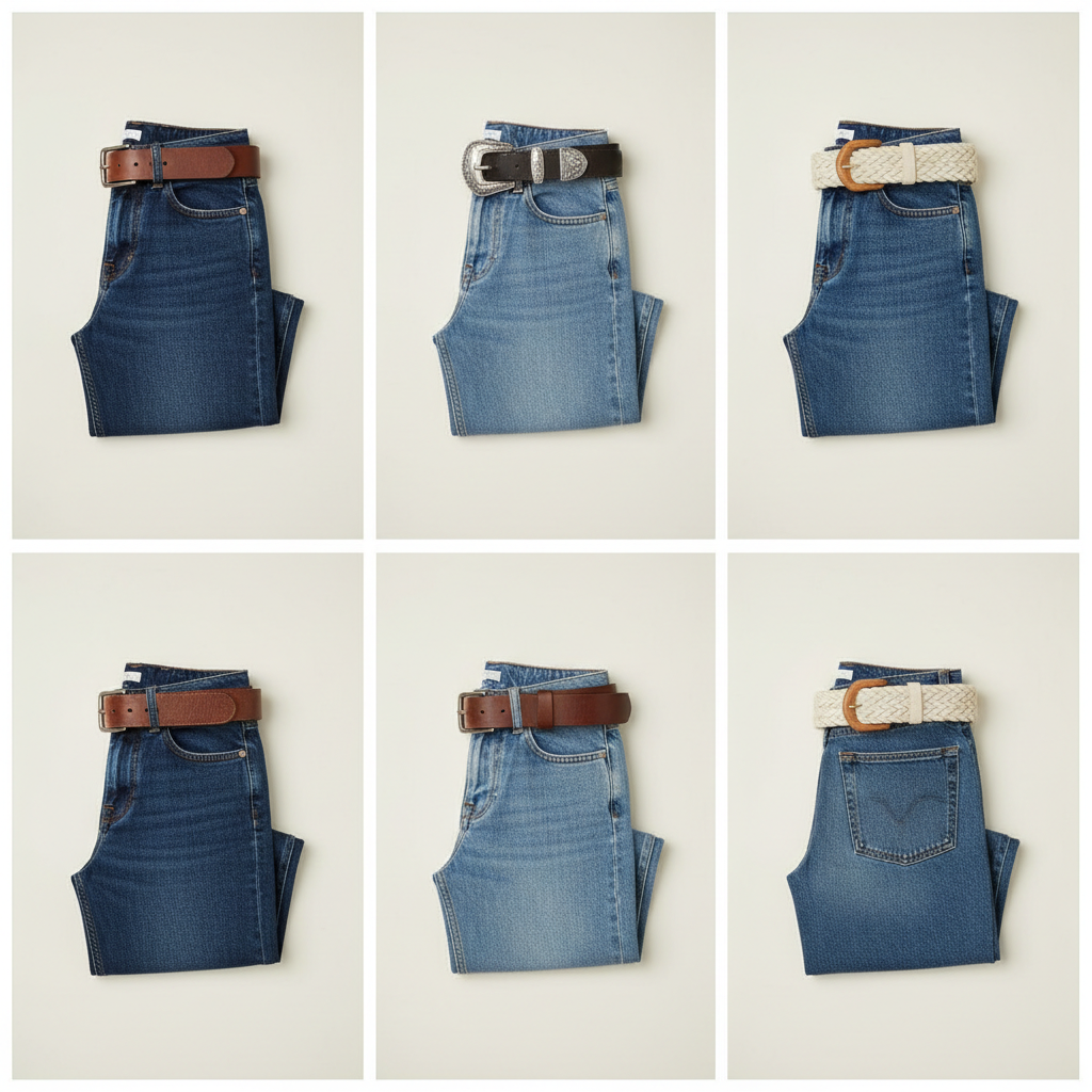 Wardrobe styling grid: different belts paired with high-rise, straight-leg, and wide-leg jeans