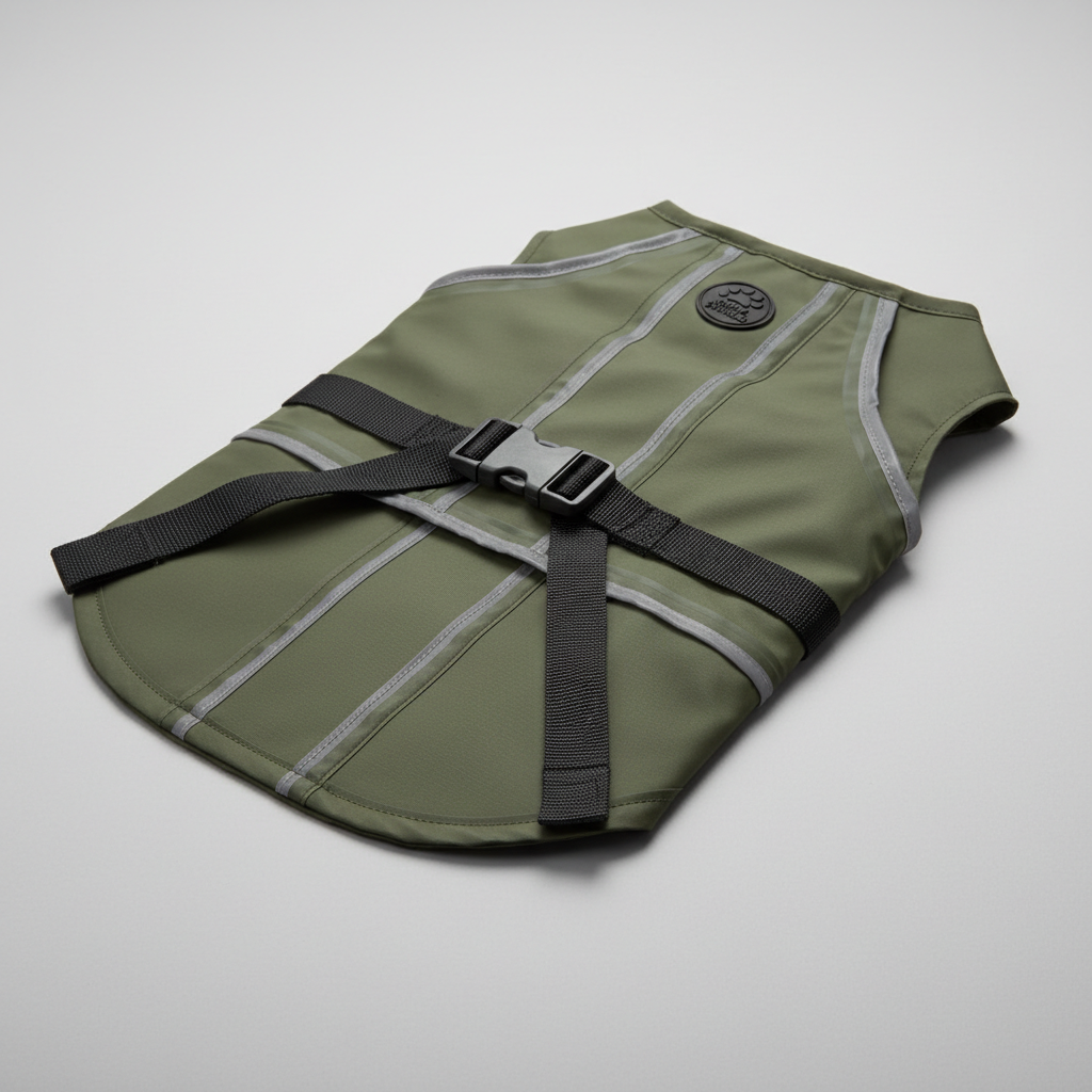 Close-up of reflective rain jacket fabric, sealed seams, and adjustable belly straps