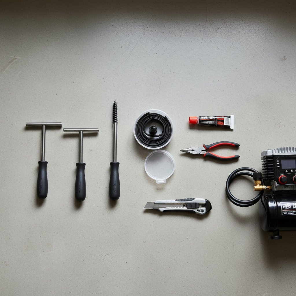 Tire plug repair kit tools laid out for puncture repair