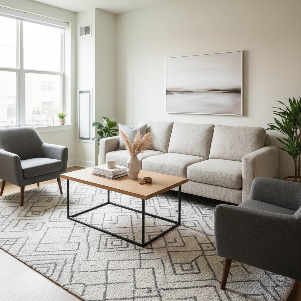 Small living room layout with compact coffee table and sofa spacing