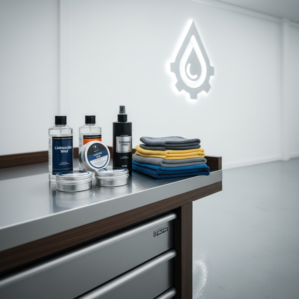 Car detailing products wax sealant ceramic spray arranged on workbench