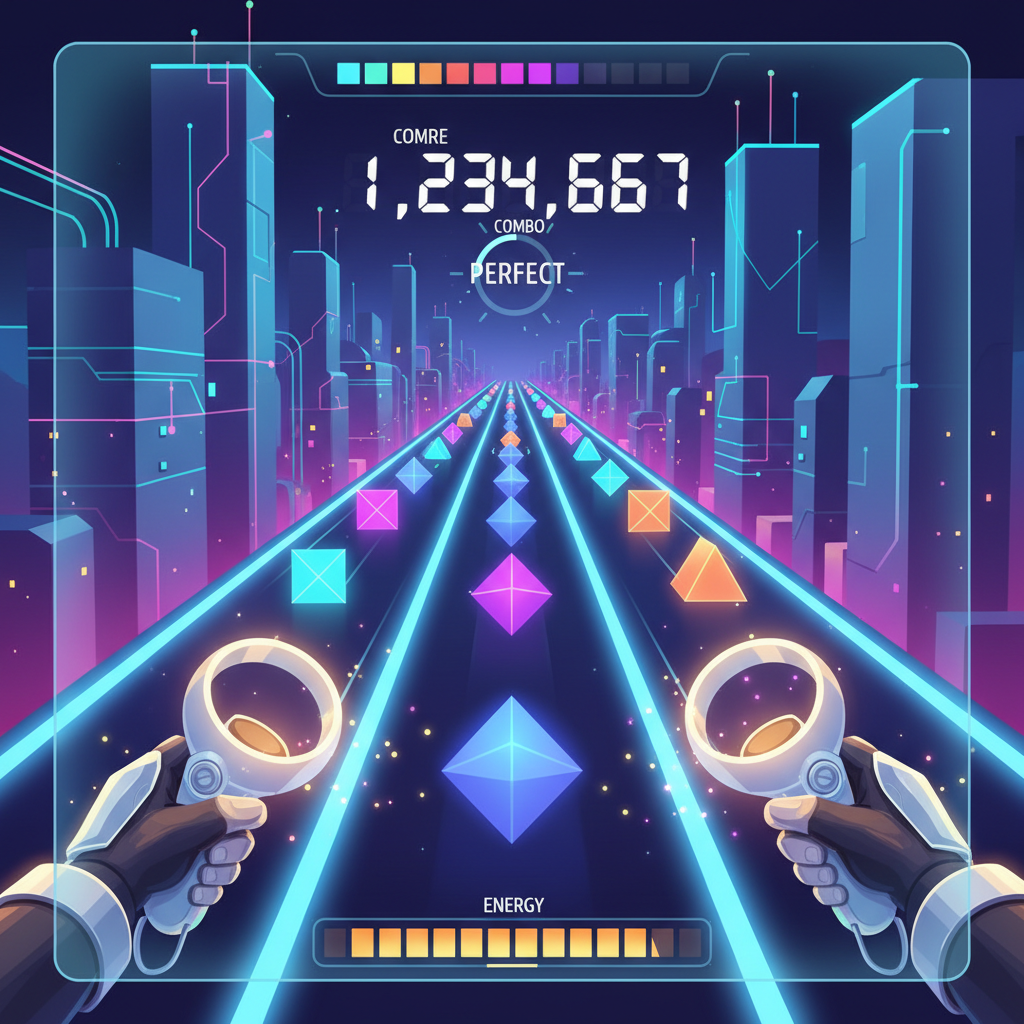 VR rhythm game scene illustrating focus and timing practice