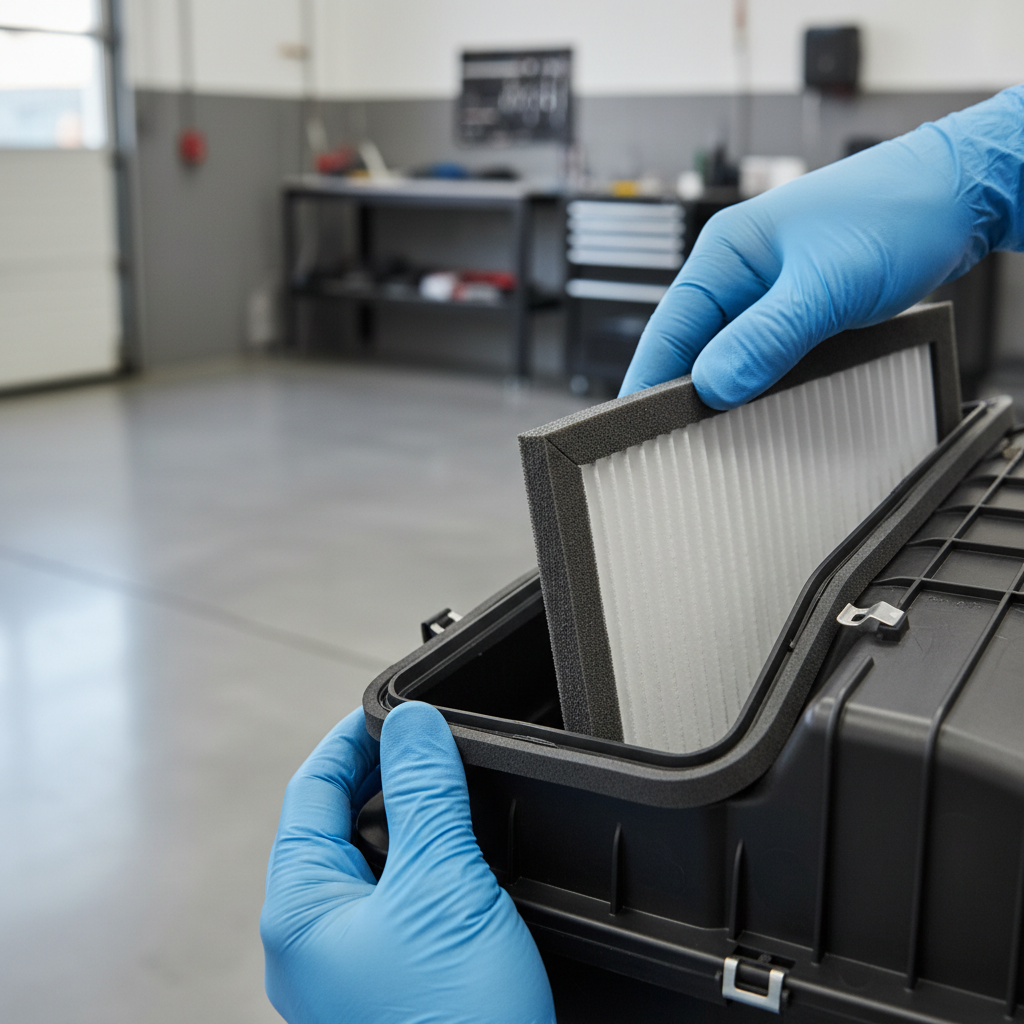 Mechanic inspecting and seating a panel air filter in an airbox