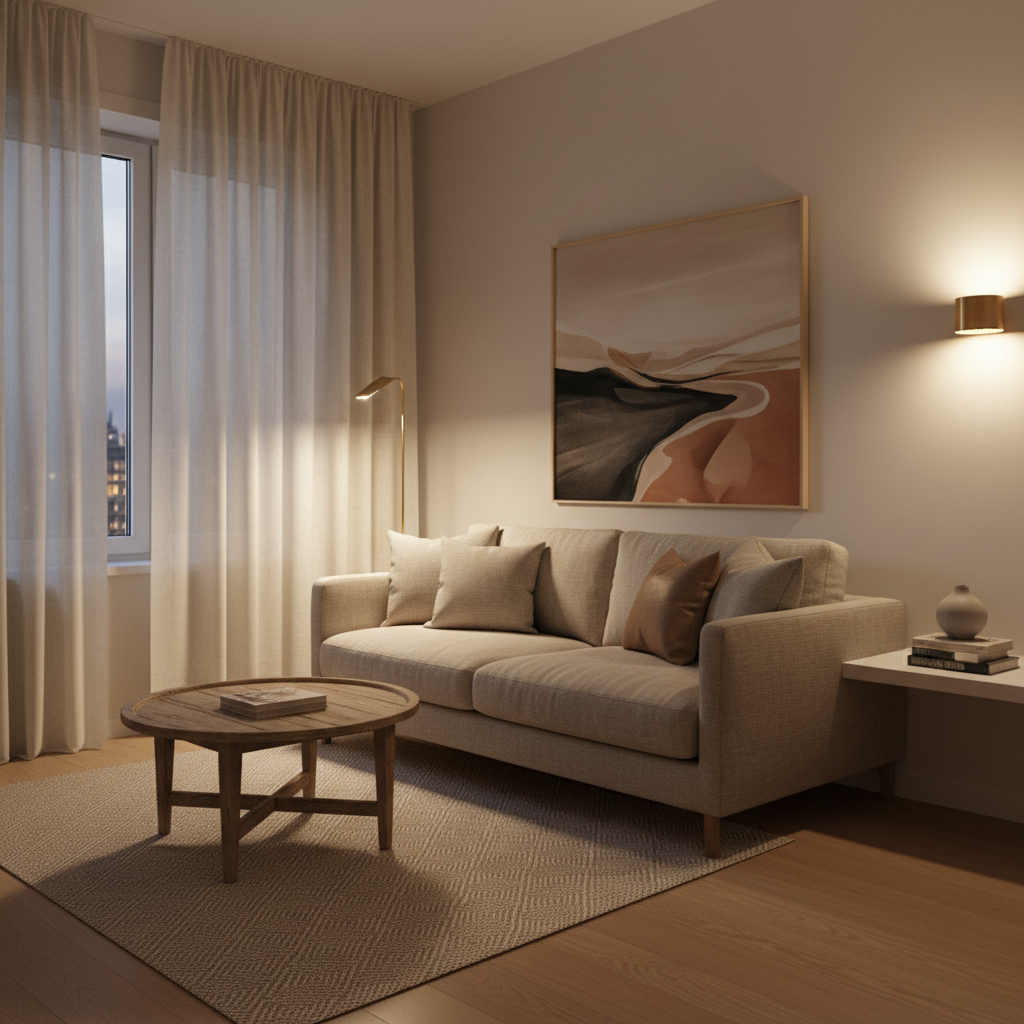 Cozy minimalist small living room with layered lighting and neutral textures