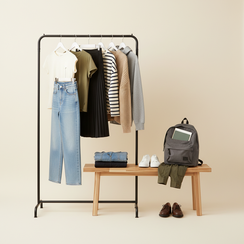 Capsule wardrobe for school girls: neutral tops, denim, sneakers, jacket, backpack