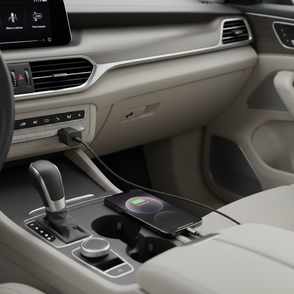 iPhone charging safely in a car with a quality USB-C PD adapter