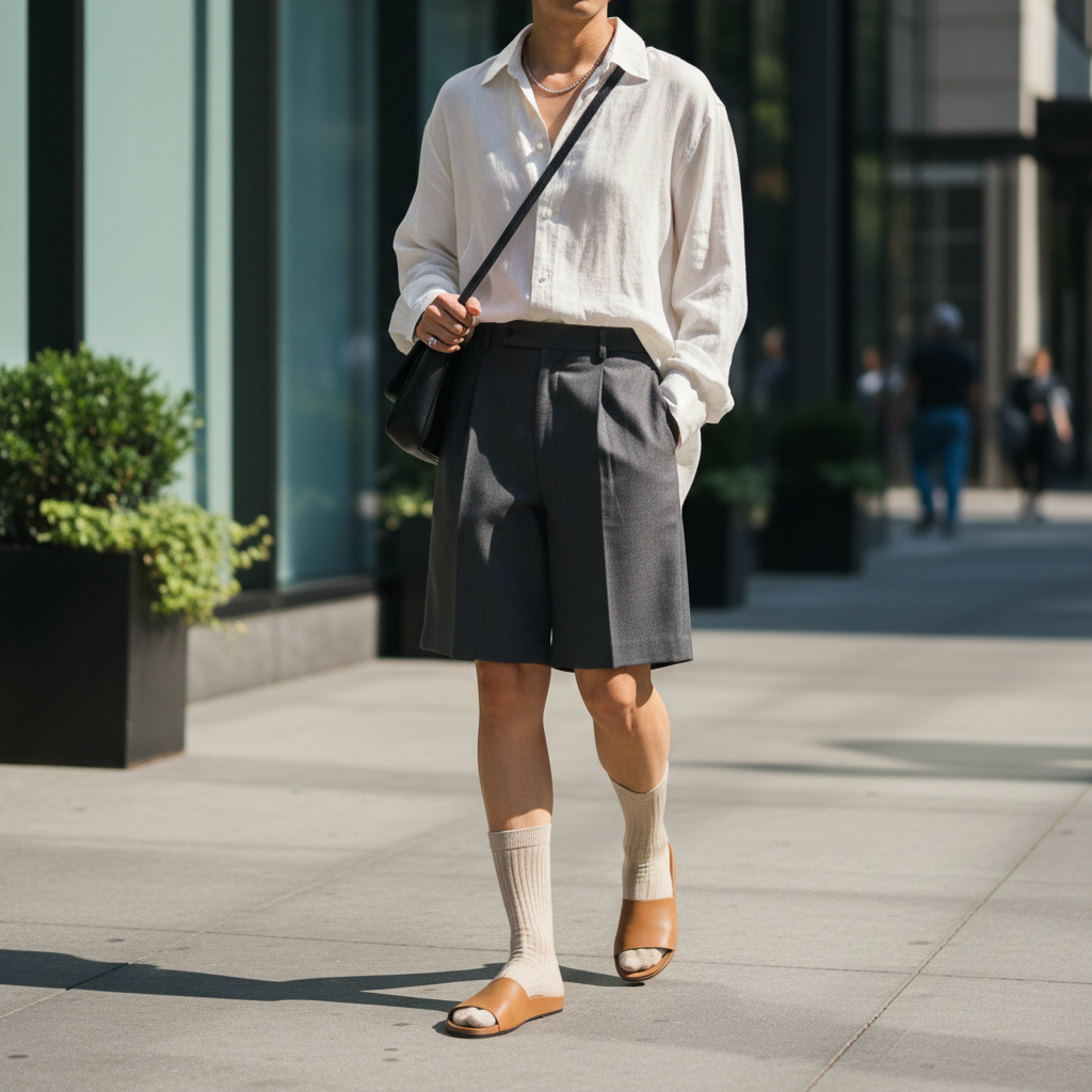 Neutral socks with leather sandals street style outfit