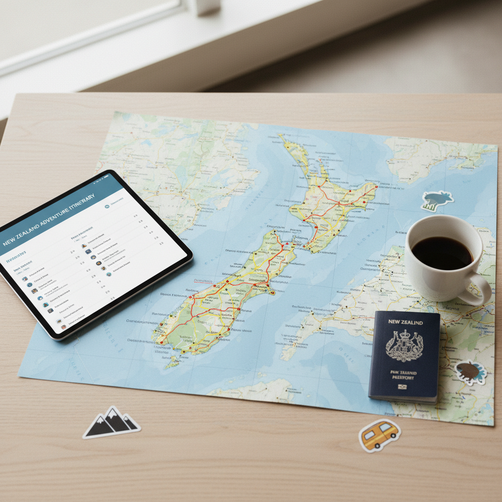 New Zealand road trip map planning with highlighted routes