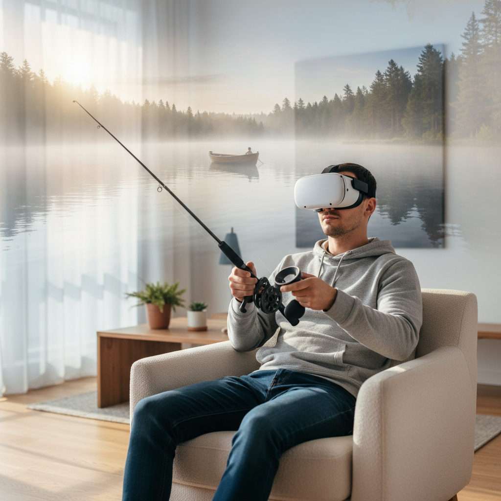 VR fishing player sitting comfortably and casting a rod in a calm lake scene