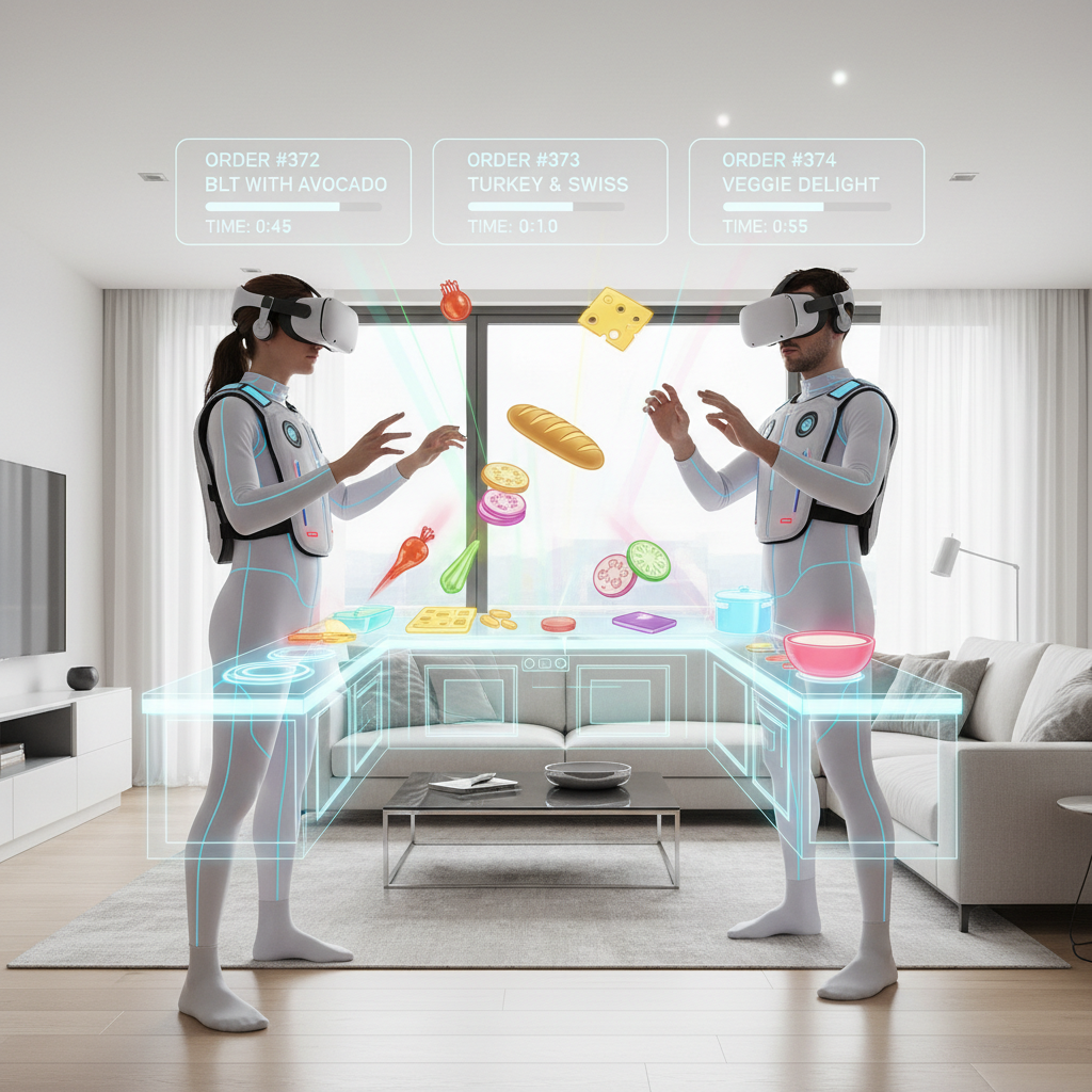Co-op VR cooking game teamwork with two players assembling orders