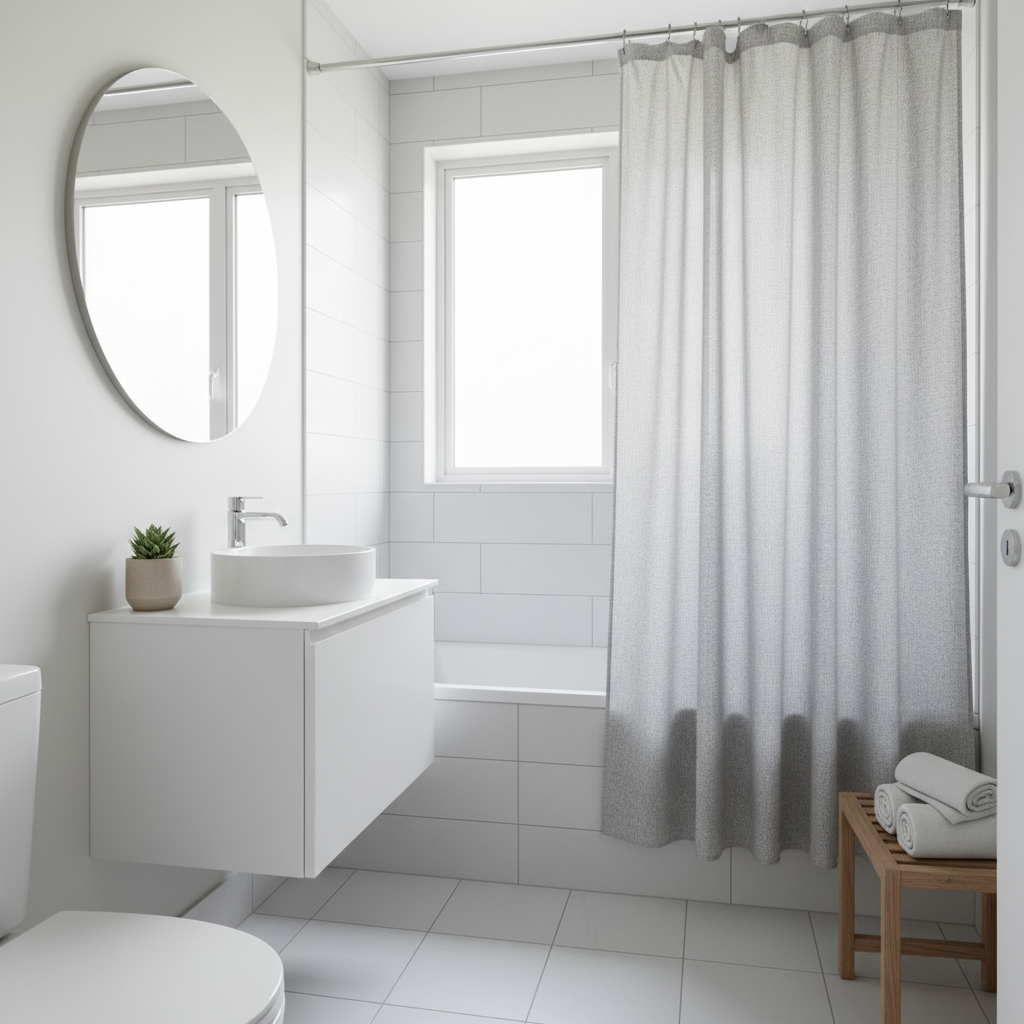 Fabric shower curtain in a small bathroom with bright, clean styling