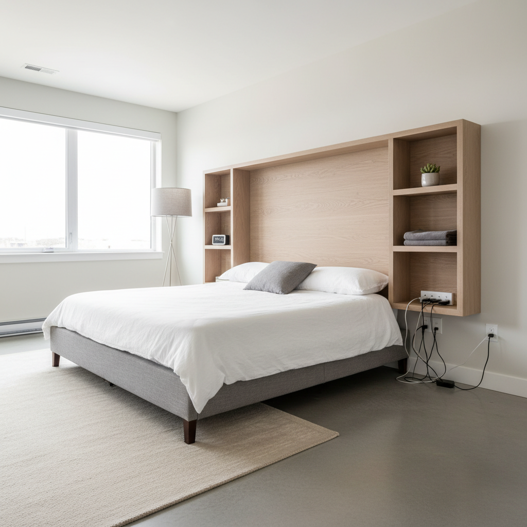 Bedroom safety setup with anchored storage headboard and tidy cable routing