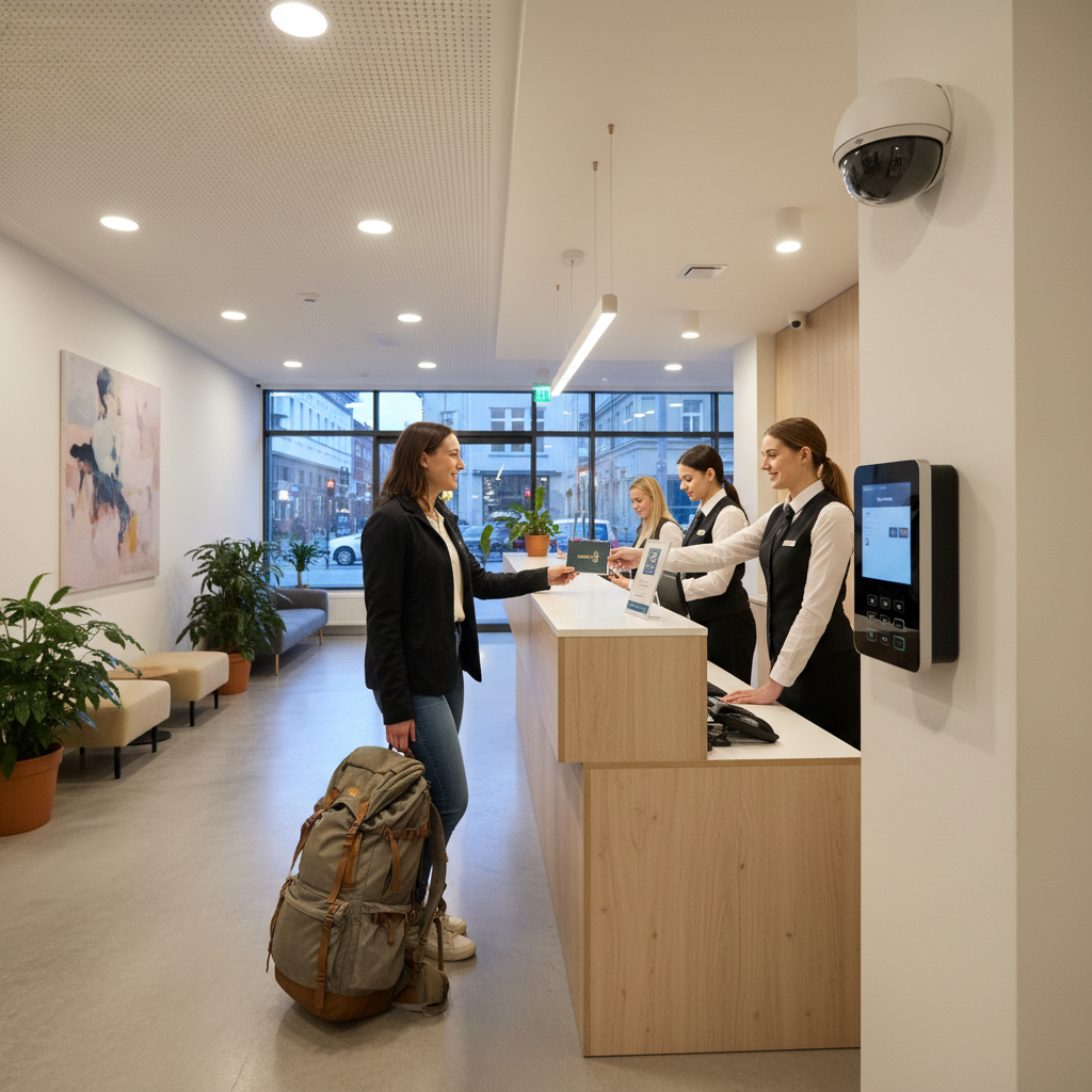 Solo traveler checking into a clean, well-lit hostel reception