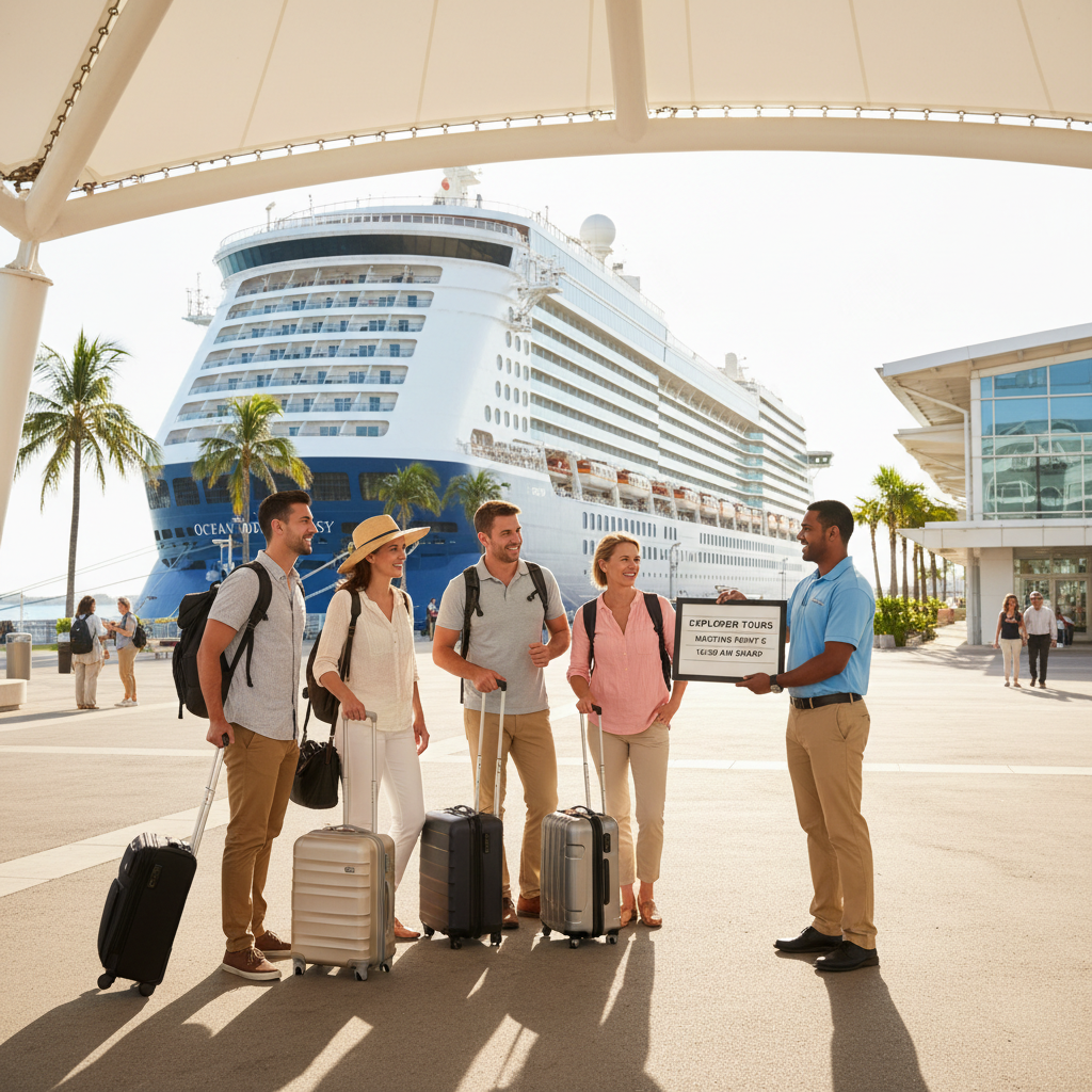 Cruise passengers meeting guide at port with clear time and meeting point sign