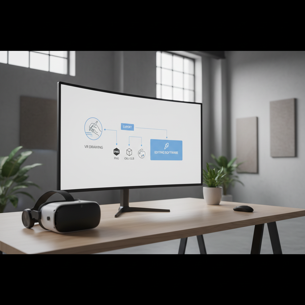Workflow diagram from VR sketch to exported image and 3D file on a computer